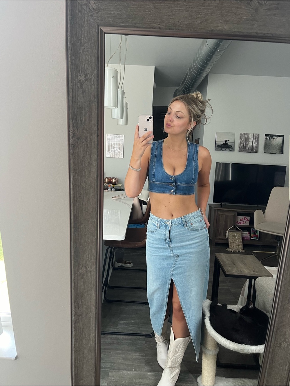 American Eagle Outfitters Light Blue Denim Front-Slit Midi Skirt